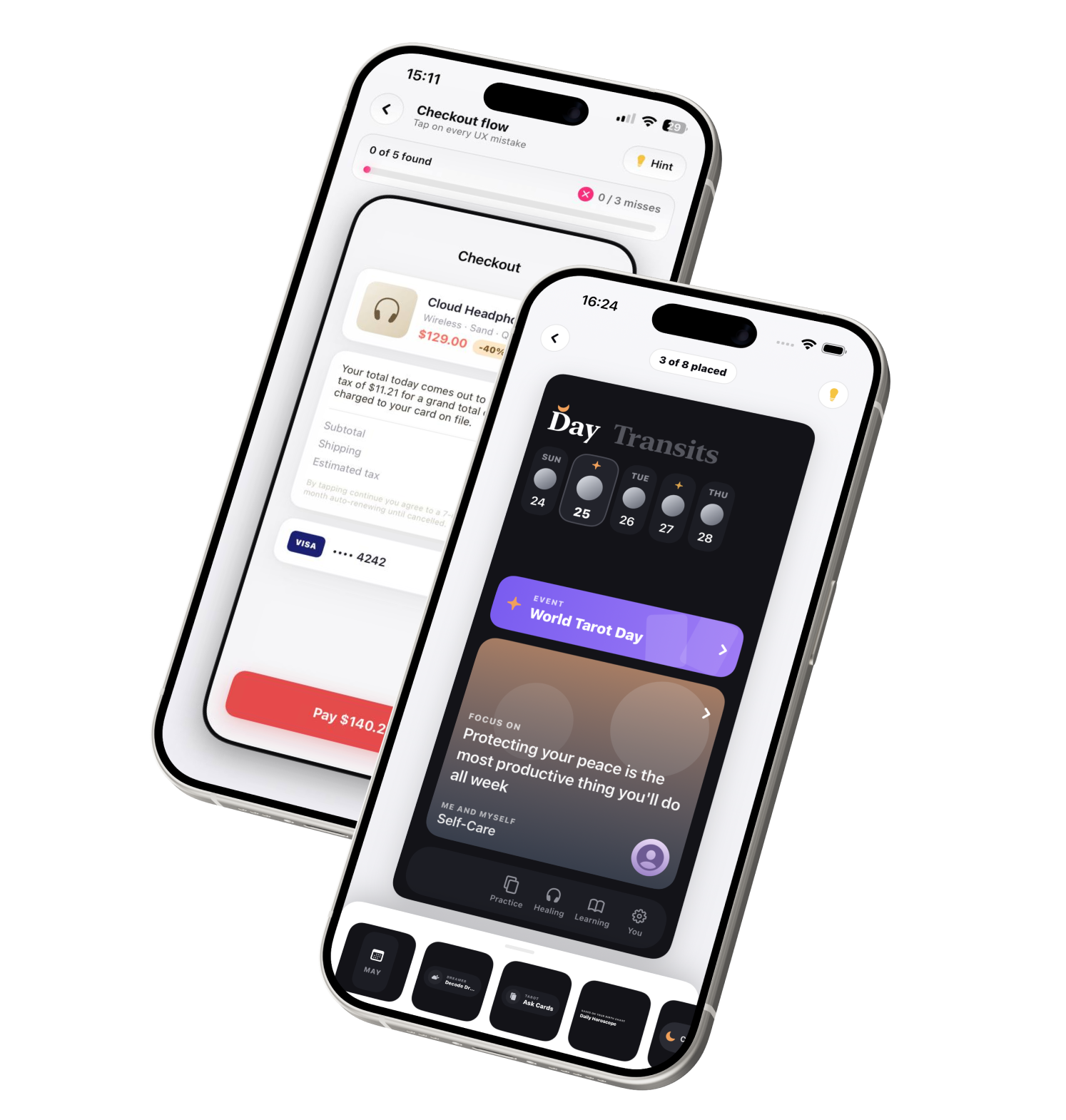 UX Check on iPhone: a checkout screen being scanned for mistakes, and a layout puzzle being assembled.